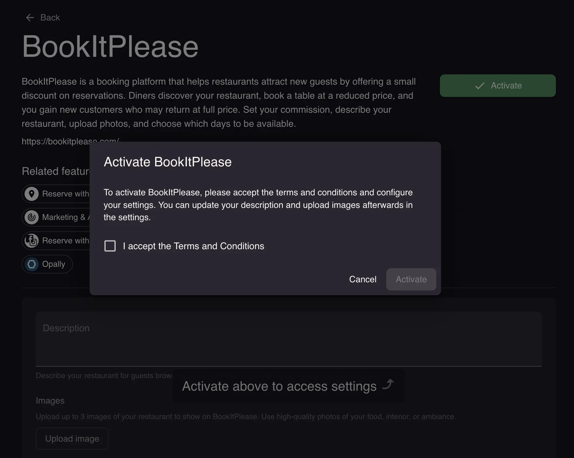 Activate BookItPlease dialog with the terms and conditions checkbox