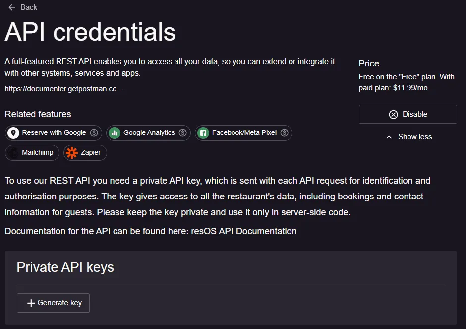 API settings