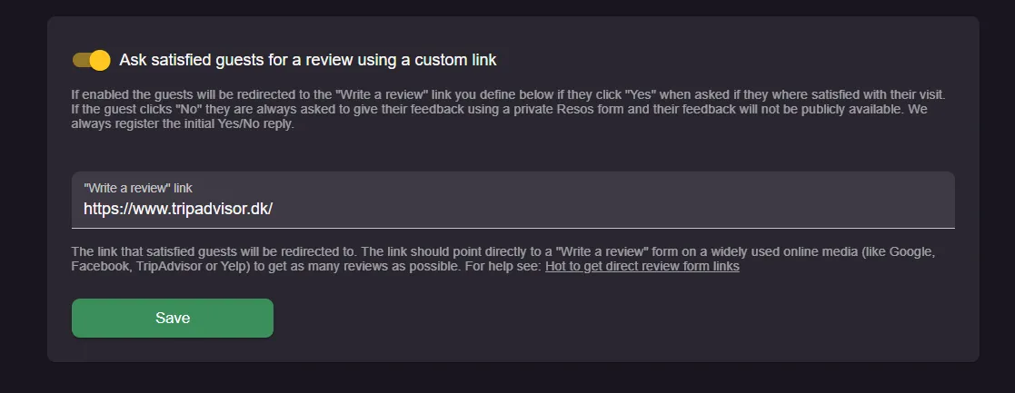 Setting for asking satisfied guests for a review using a custom link