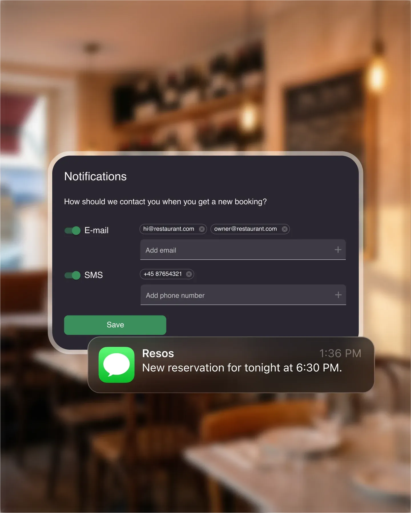 Resos booking notification settings with email and SMS enabled for restaurant staff