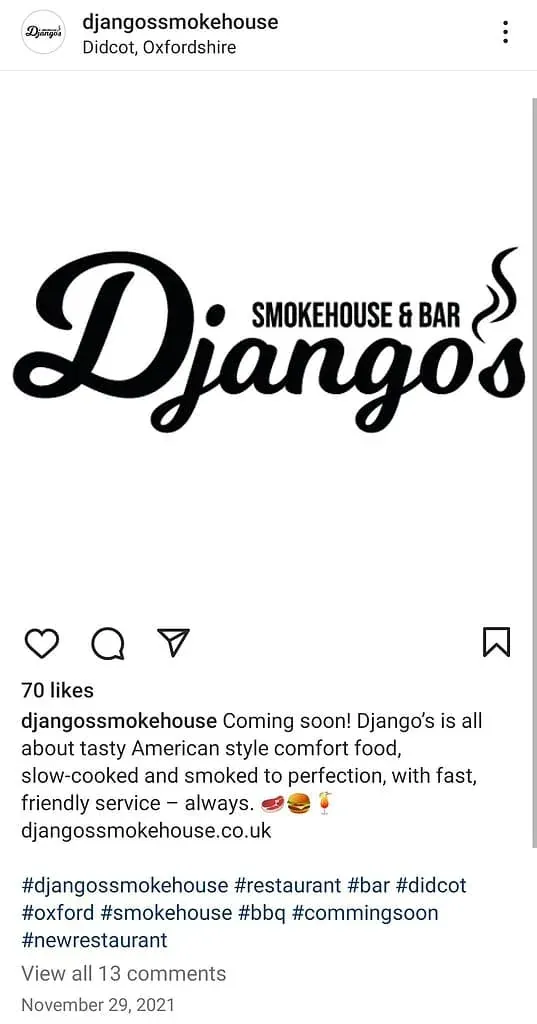 Primer post d'Instagram del restaurant Django's Smokehouse