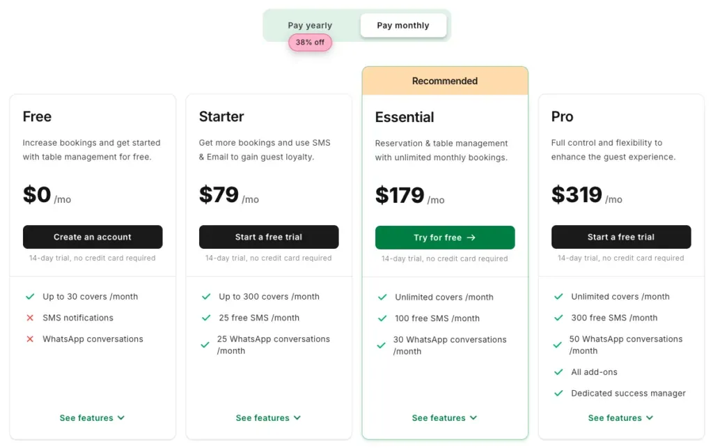Prezzi di Eat App – alternativa a SevenRooms