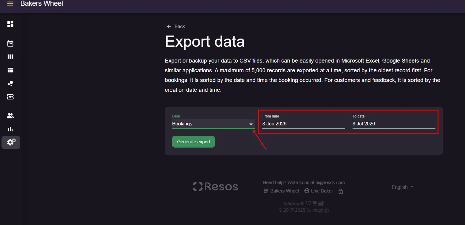 Export data panel with the data type dropdown and date range fields