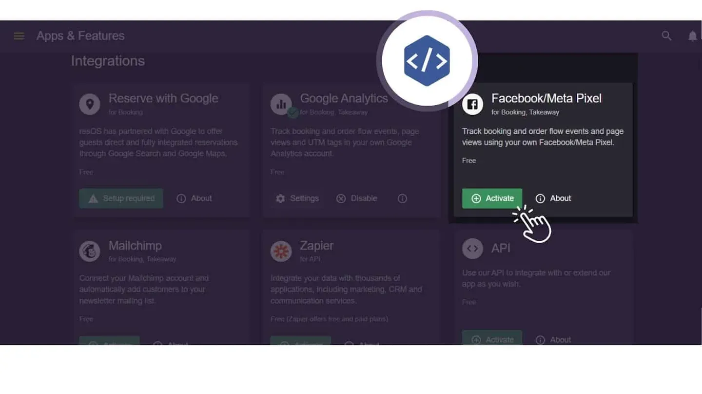 Intégration du pixel Facebook dans l'application Resos