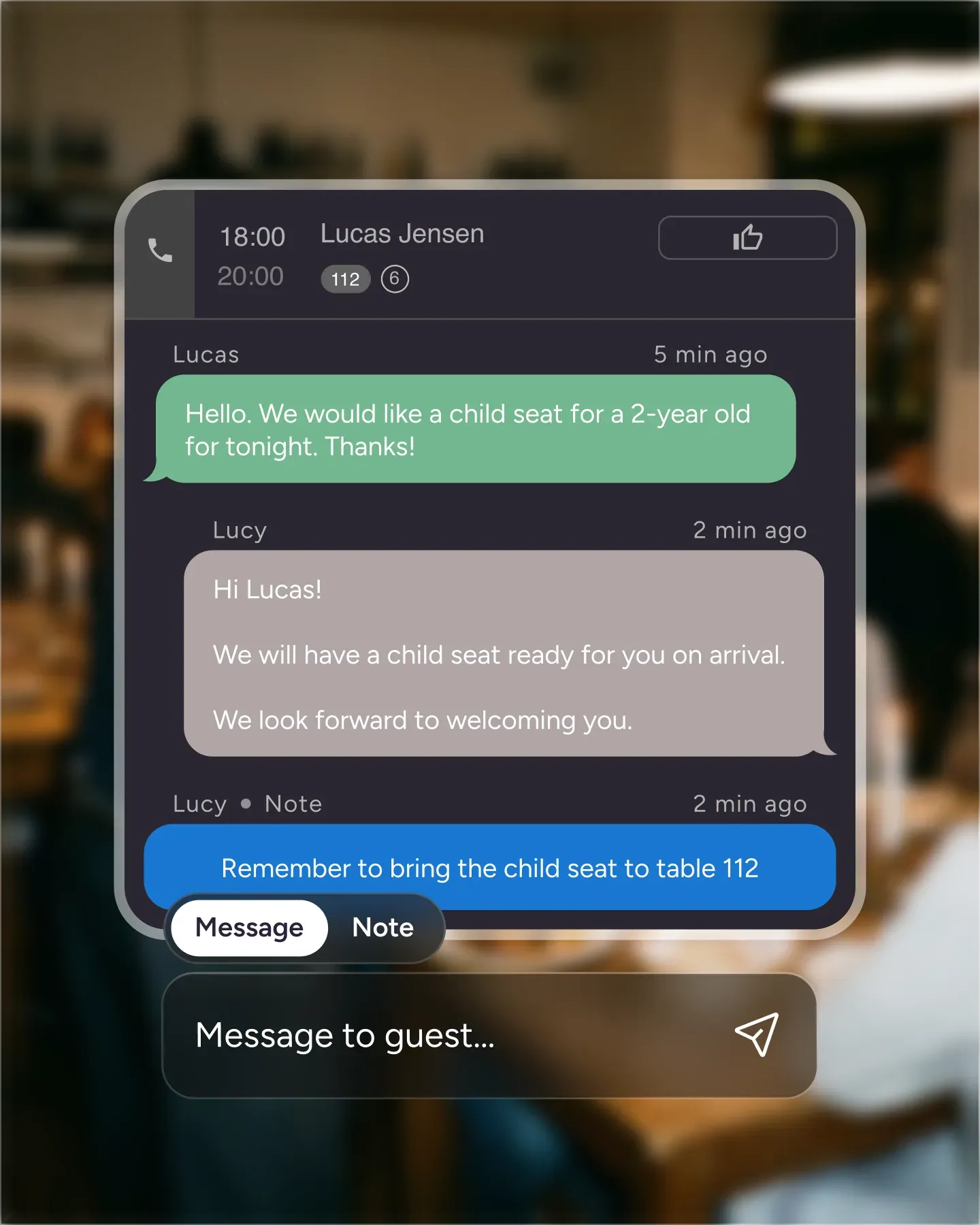 Guest profile in Resos showing dining preferences, allergies, past visits, and feedback