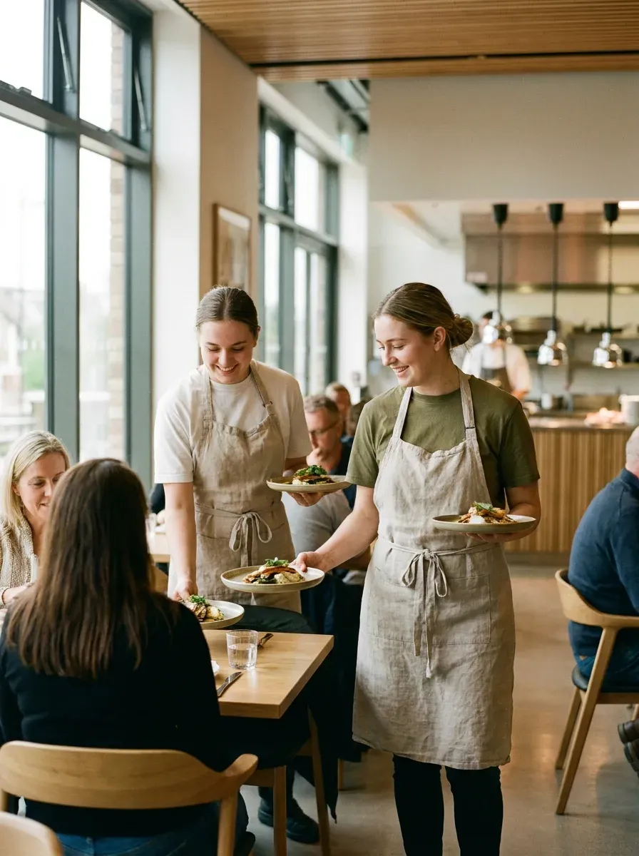 Estudiants d'hostaleria servint clients en un restaurant de pràctiques