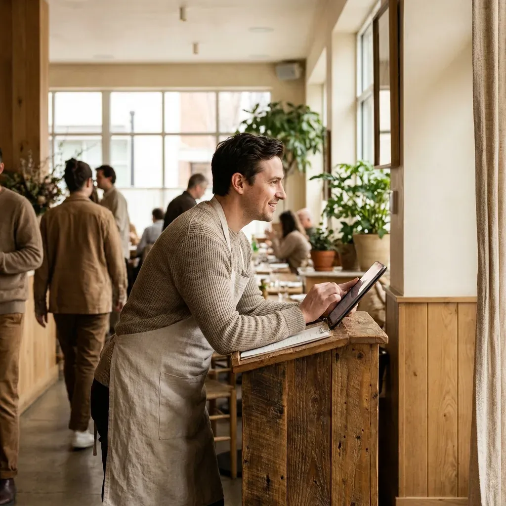 Restaurant host using a booking tablet at the host stand
