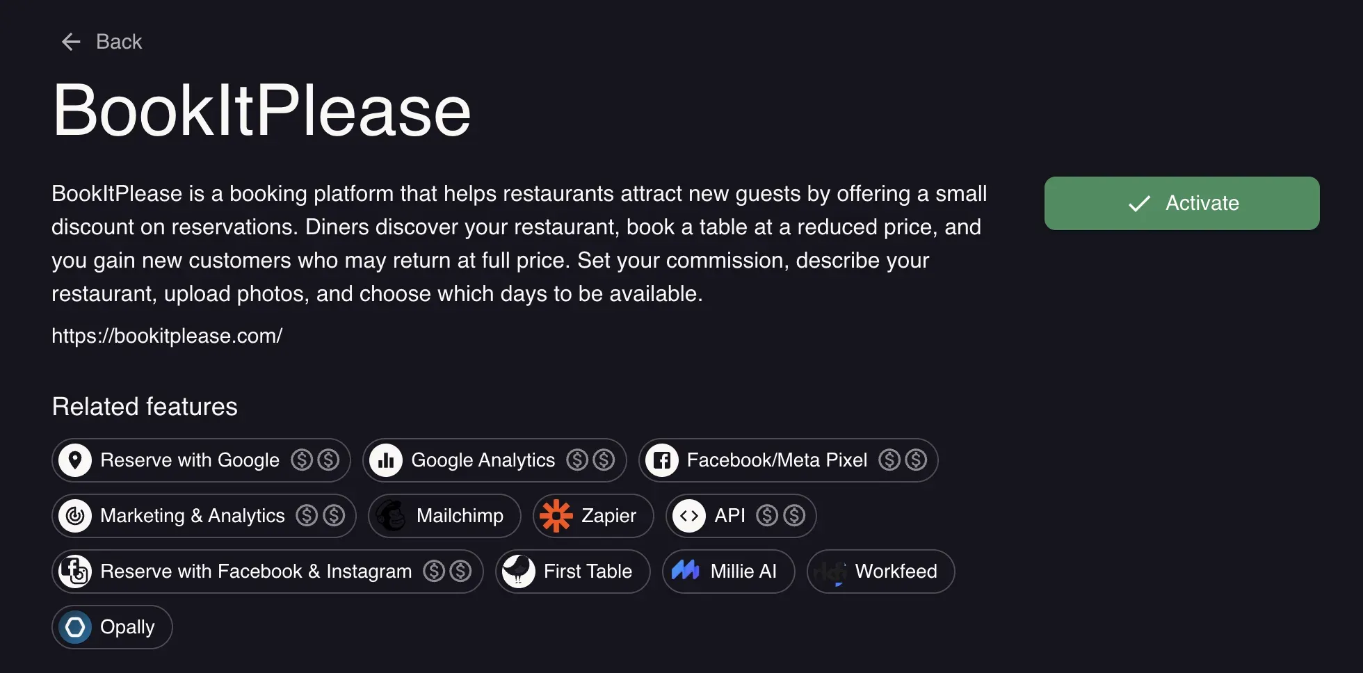 BookItPlease integration page in Resos with the Activate button