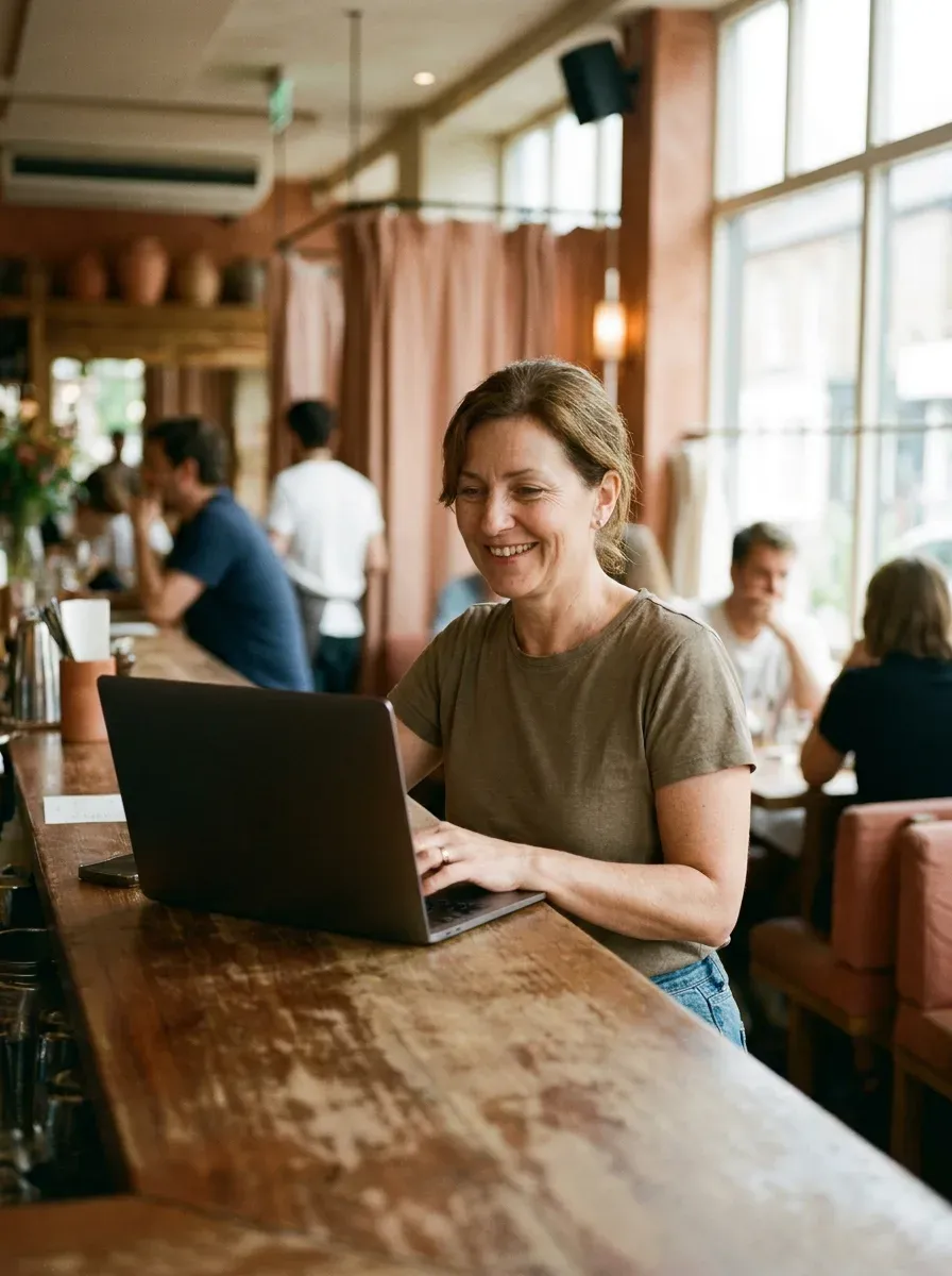 Restaurant manager managing bookings on a laptop at the bar