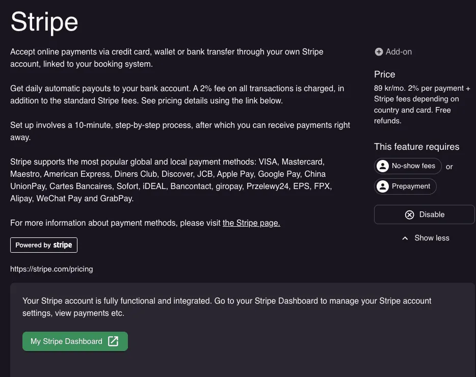 Online payment settings