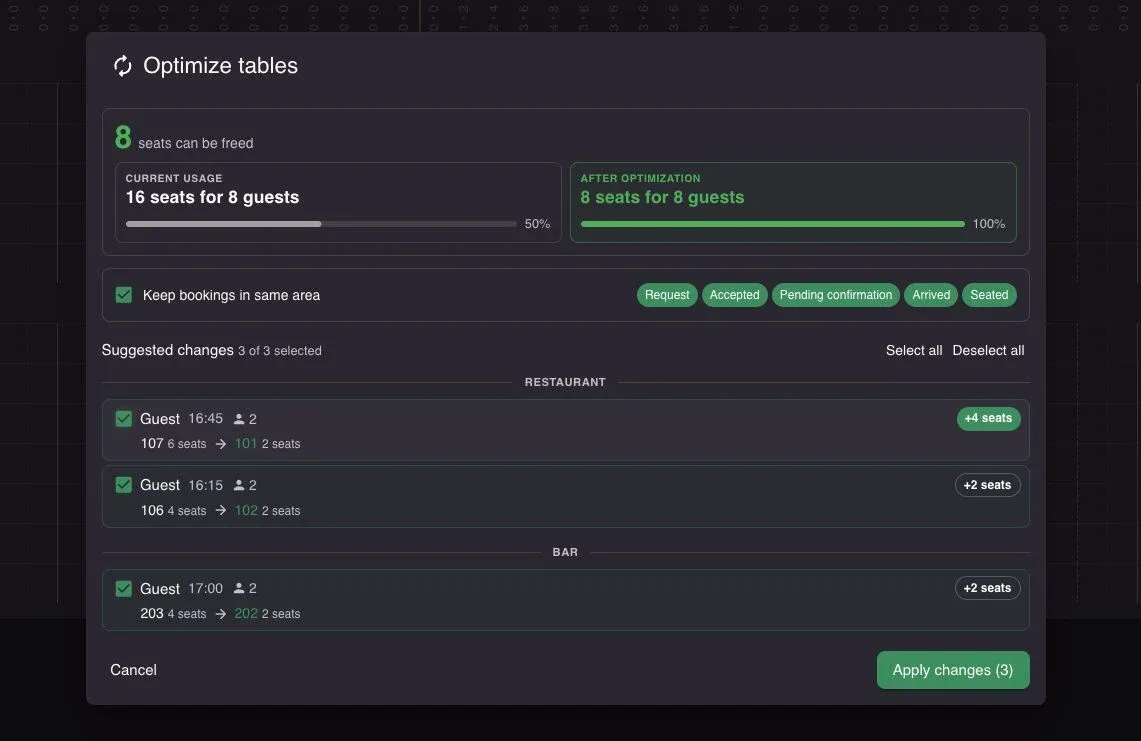 Optimize tables dialog showing suggested table moves and the seats each one frees