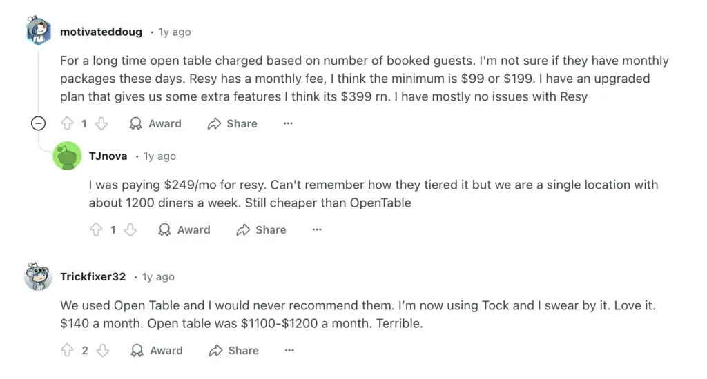 Komentarze na Reddit dotyczące OpenTable, Resy i Tock
