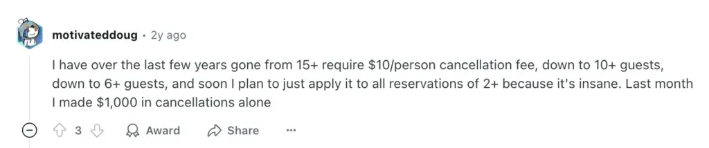 Reddit-innlegg om innsamlede avbestillingsgebyrer for å redusere no-shows
