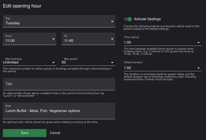 Settings in our booking system for dumpling restaurants