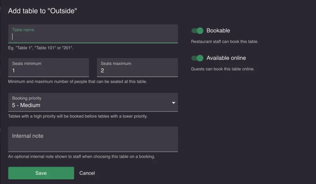 Crea noves taules i combina-les Pantalla de gestió de taules de Resos per afegir i combinar taules en un bar d'entrepans