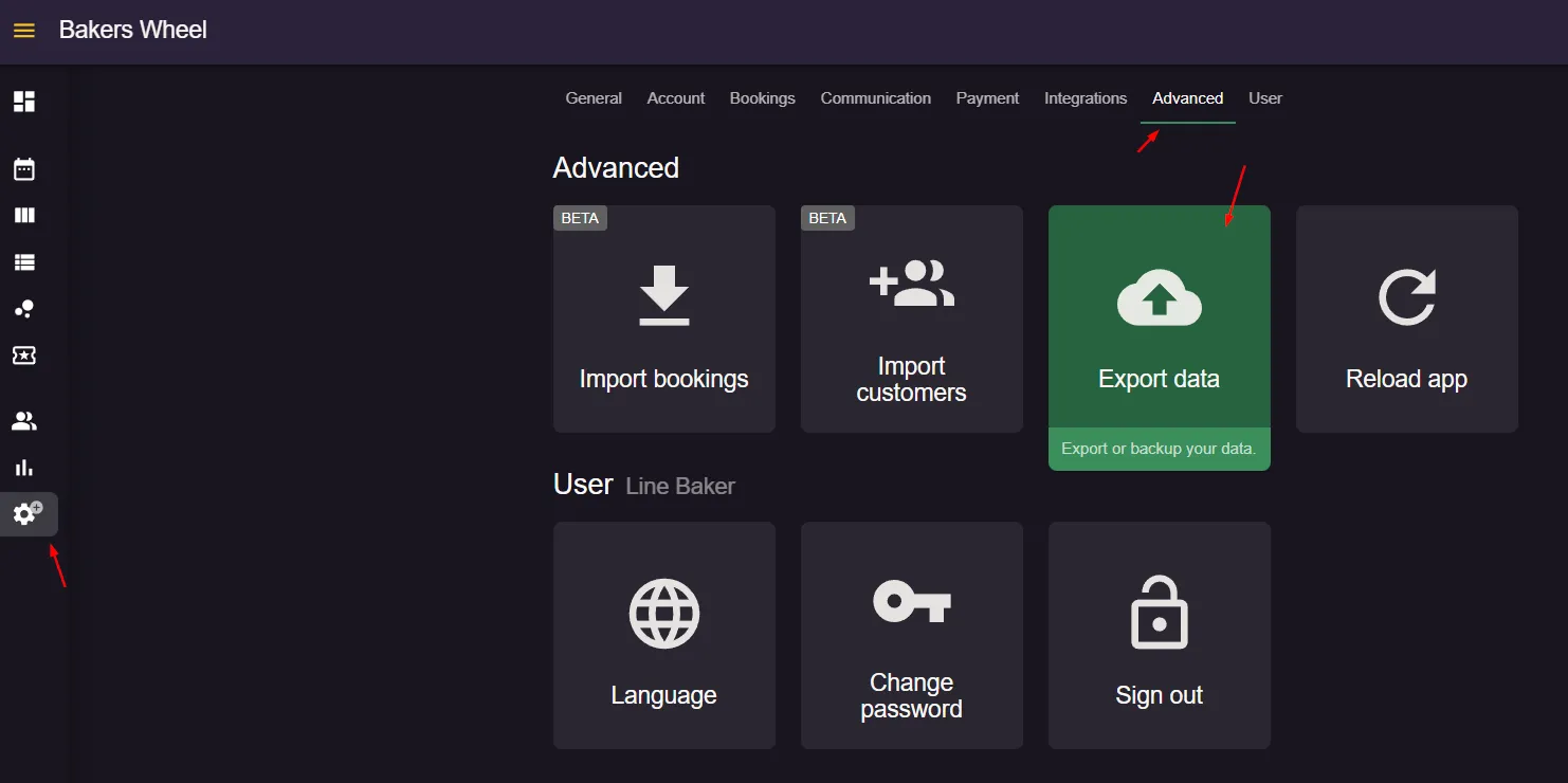 Settings & add-ons advanced tab with the export data option highlighted