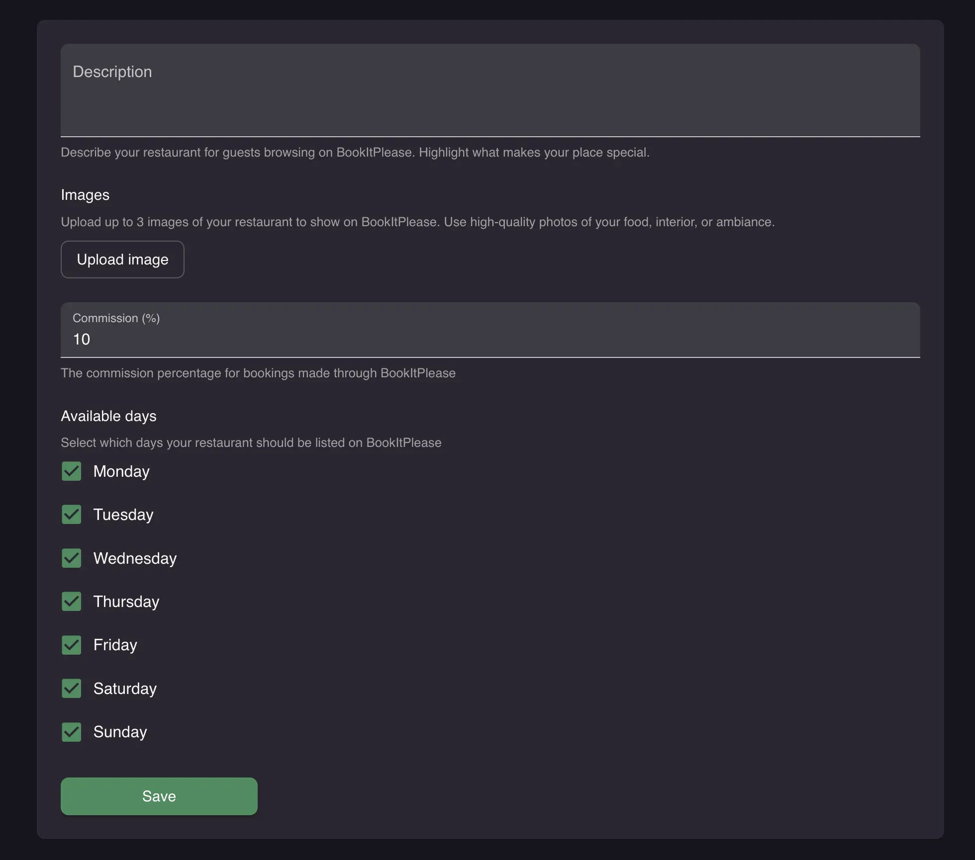 BookItPlease settings with description, images, commission, and available days