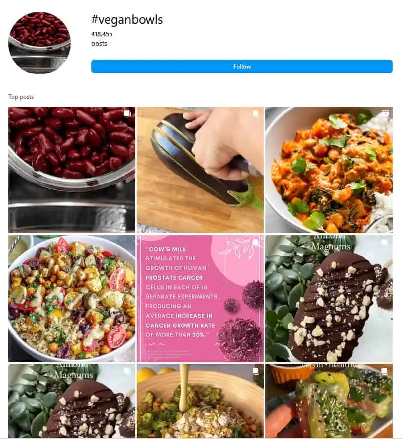 Fil d'hashtag de bols vegans a Instagram