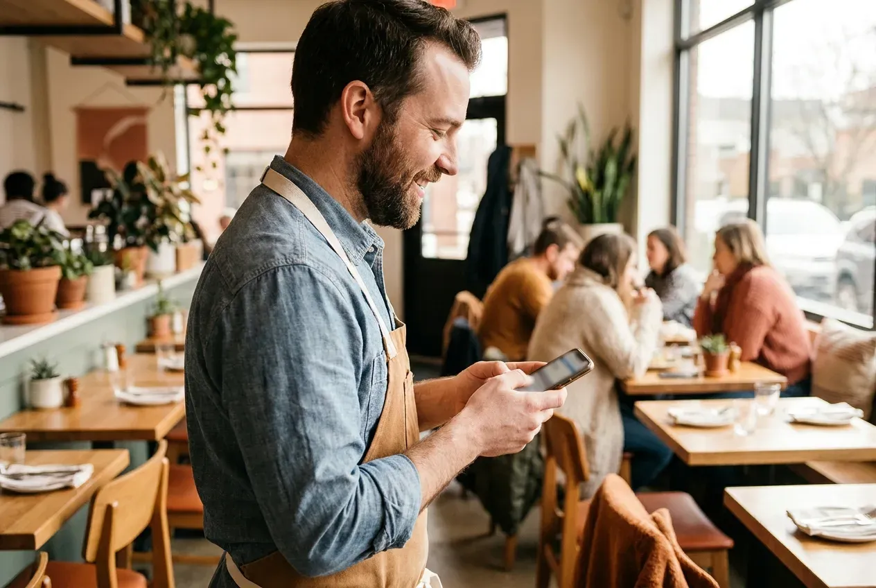 Waiter checking reservations on a smartphone in a busy restaurant