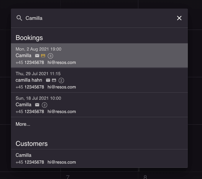 Overview of bookings and guest profiles shown by the in-app search function