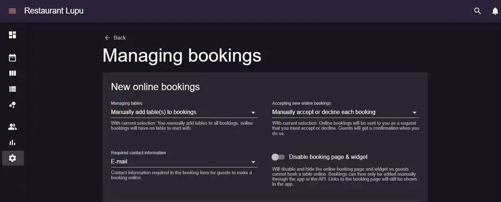 new online booking settings