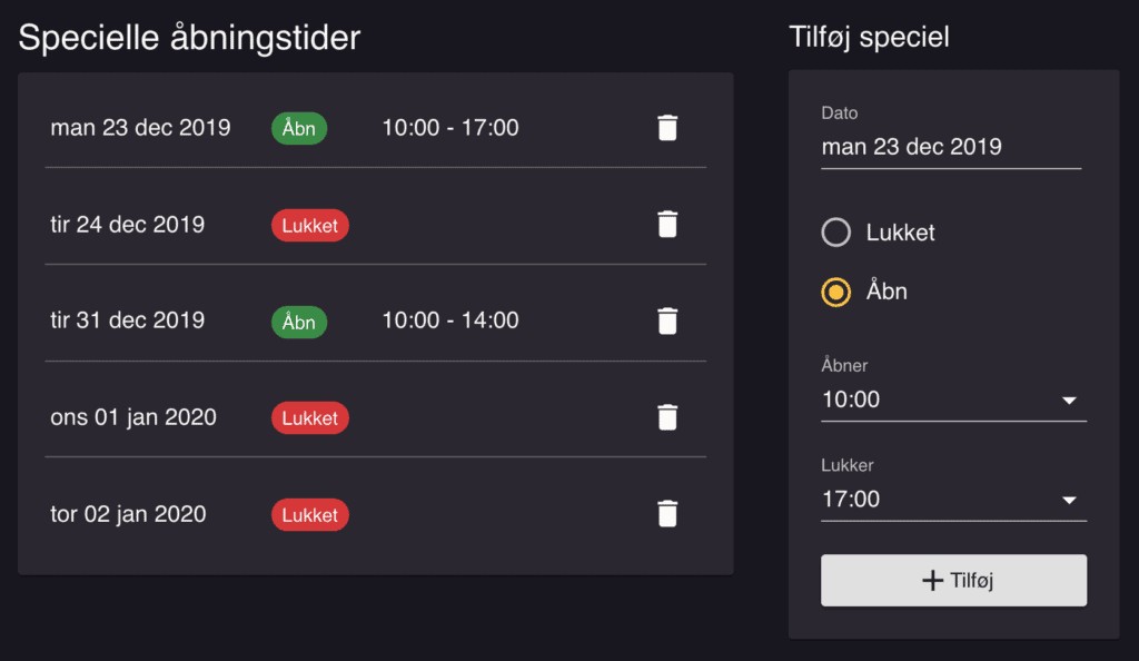 Opsætning af specielle åbningstider