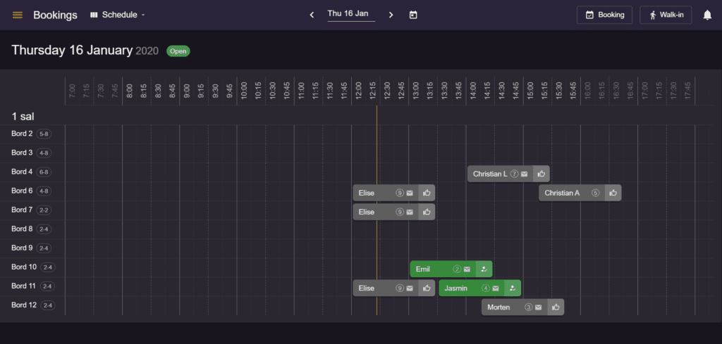 Kalender som fremviser restaurant bookingsystem