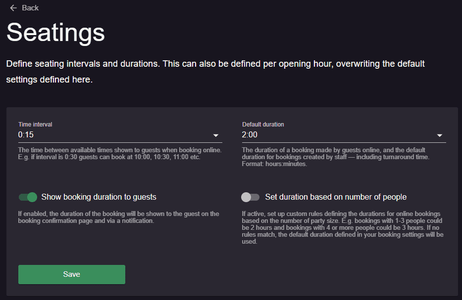 default seatings settings