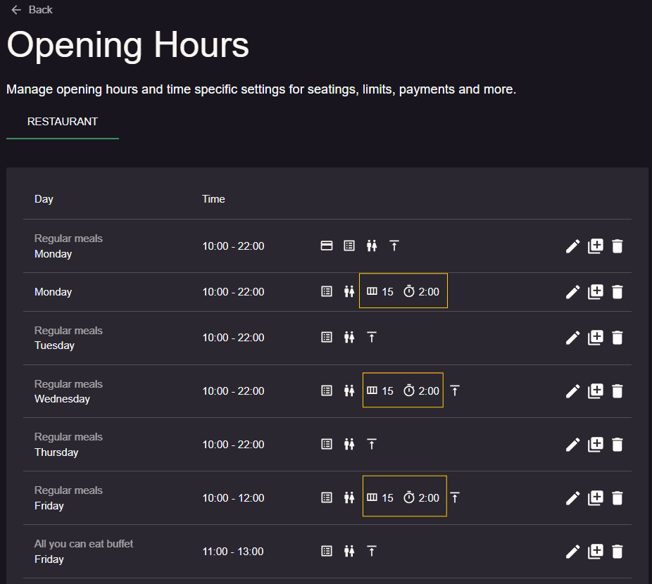 opening hours with customized seatings