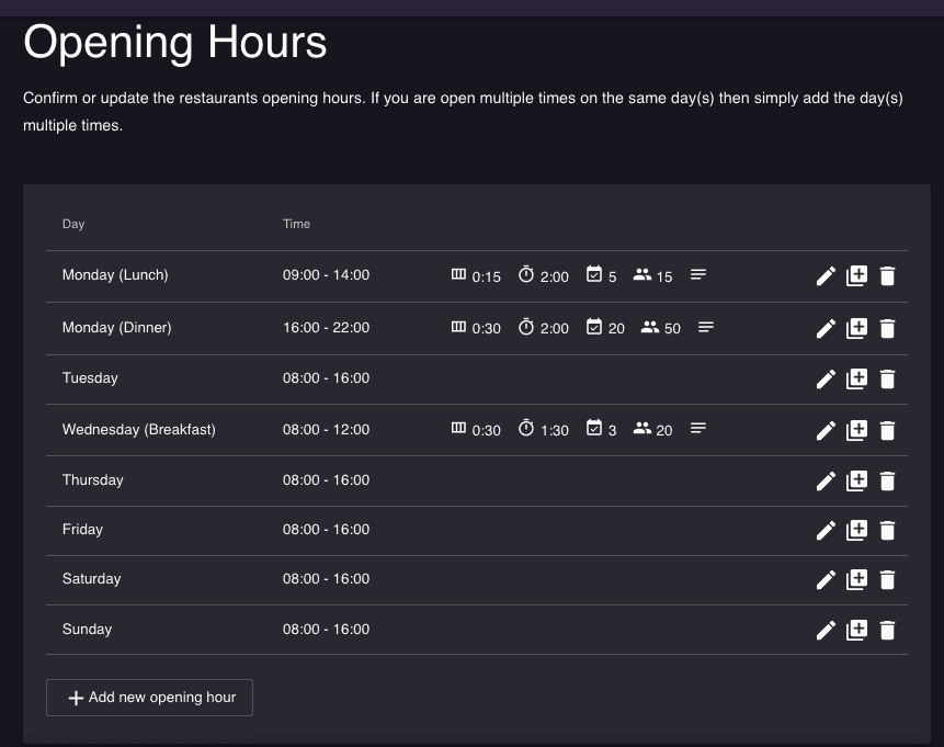 Booking system settings for wrap restaurants