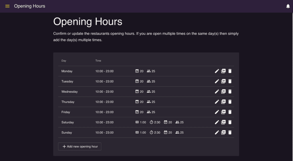 Activate seatings- default and special opening hours