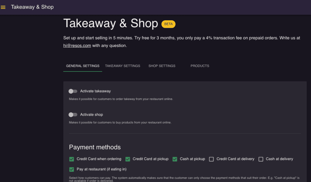 resOS' restaurangsystem takeaway settings