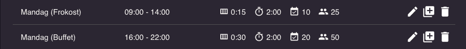 Indstil tidsinterval og standardvarighed til dine seatings