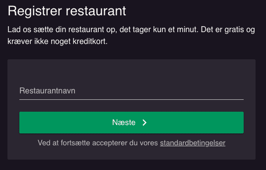 En boks hvor du skal indtaste restaurantens navn for at komme i gang med at opsætte din restaurant på resOS