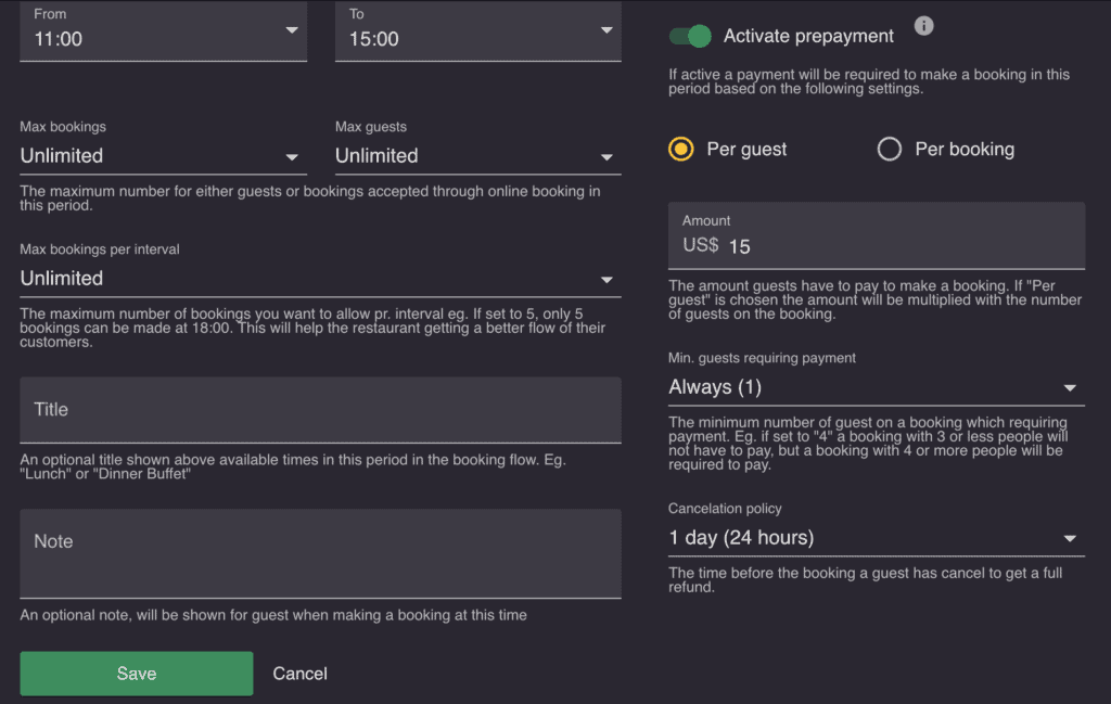 Prepayment settings on resOS.com