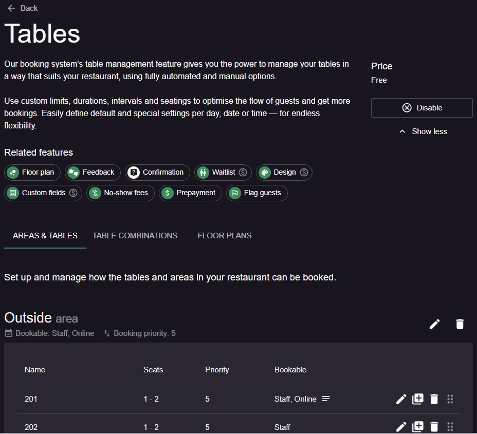 settings for tables