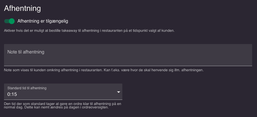 resOS afhentnings menu
