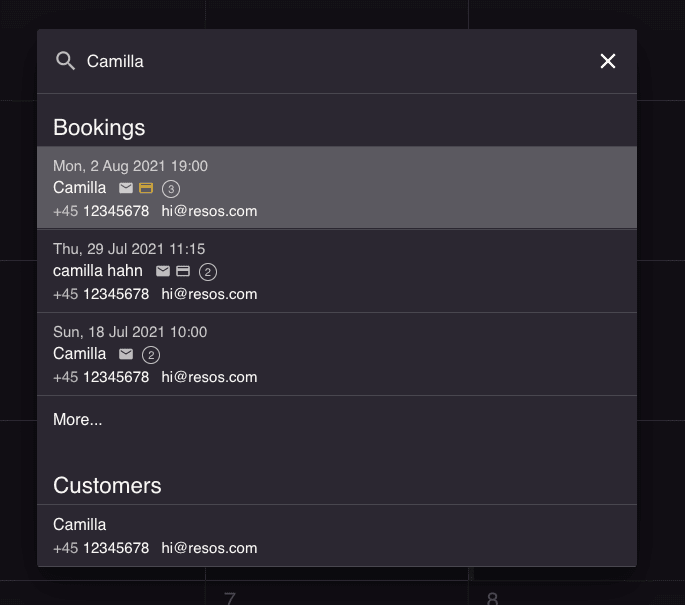 Overview of bookings and customer profiles shows up when using the in-app search function
