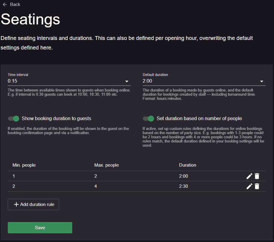 settings for seatings