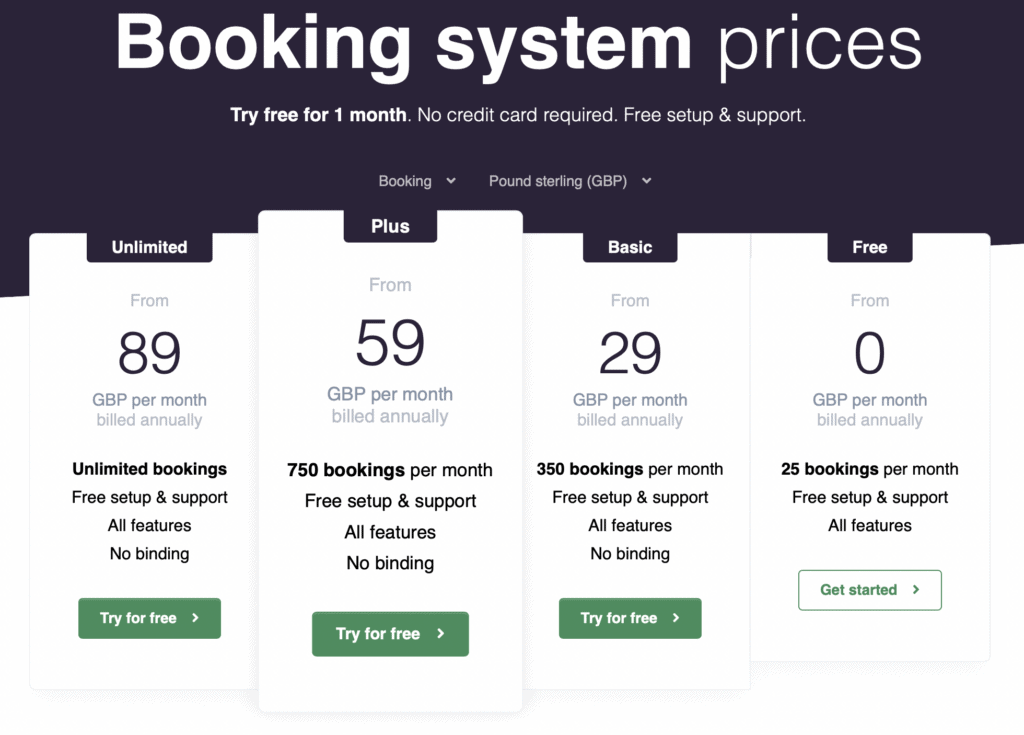 Booking system prices