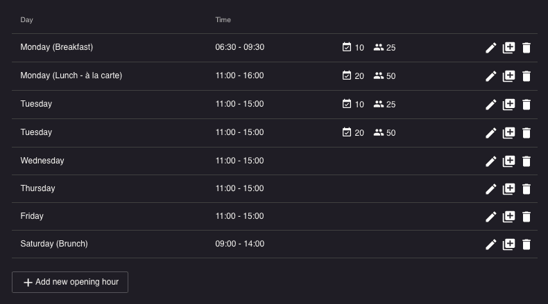 Screenshot of the opening hours overview in resOS's booking system.