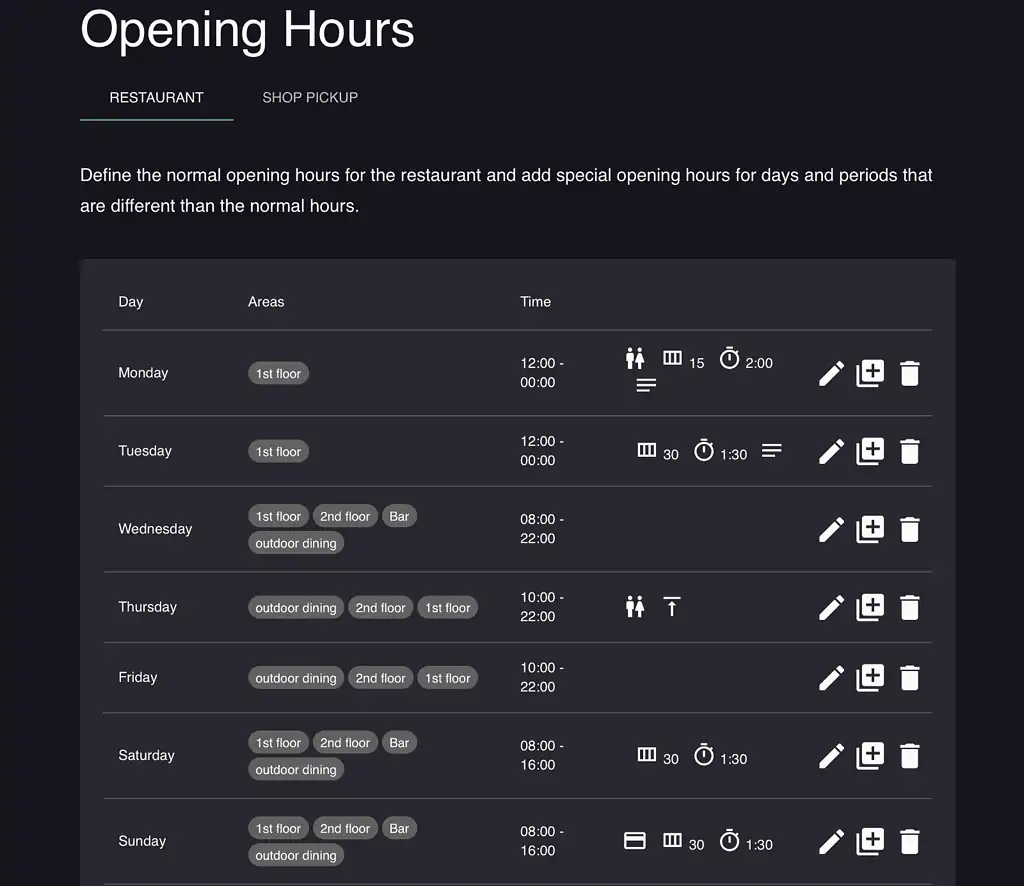 resOS' booking system opening hours