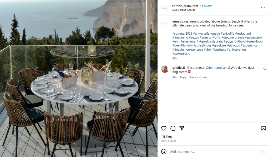 Erimitis Restaurant — social media copywriting example