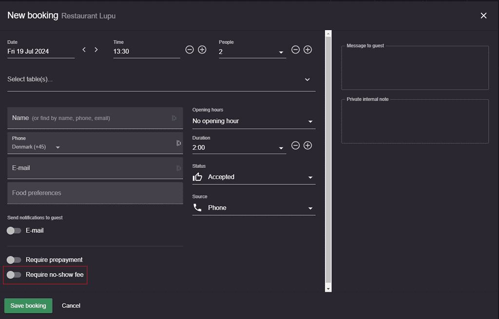 no-show manual booking resOS
