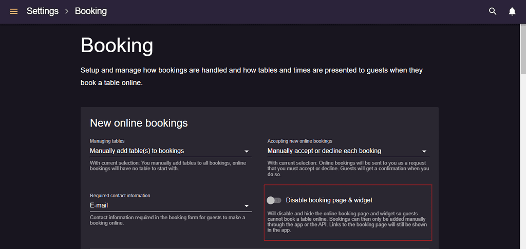 disable booking widget and page
