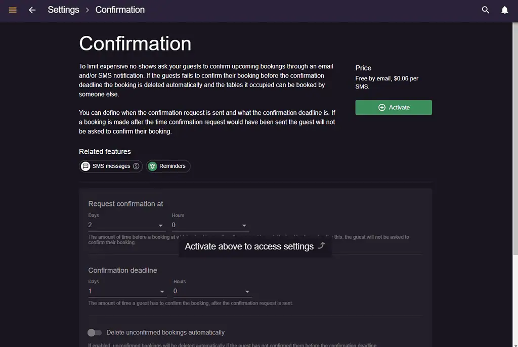 settings for booking confirmation