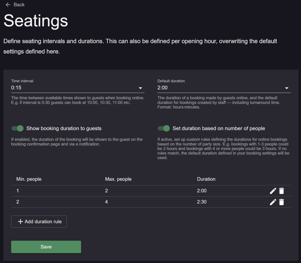 default booking duration