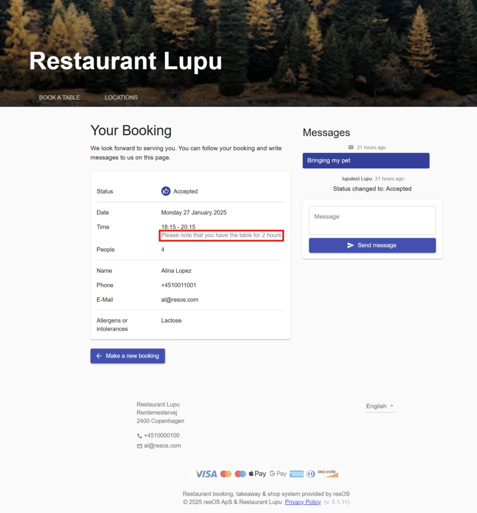 booking status page showing booking duration