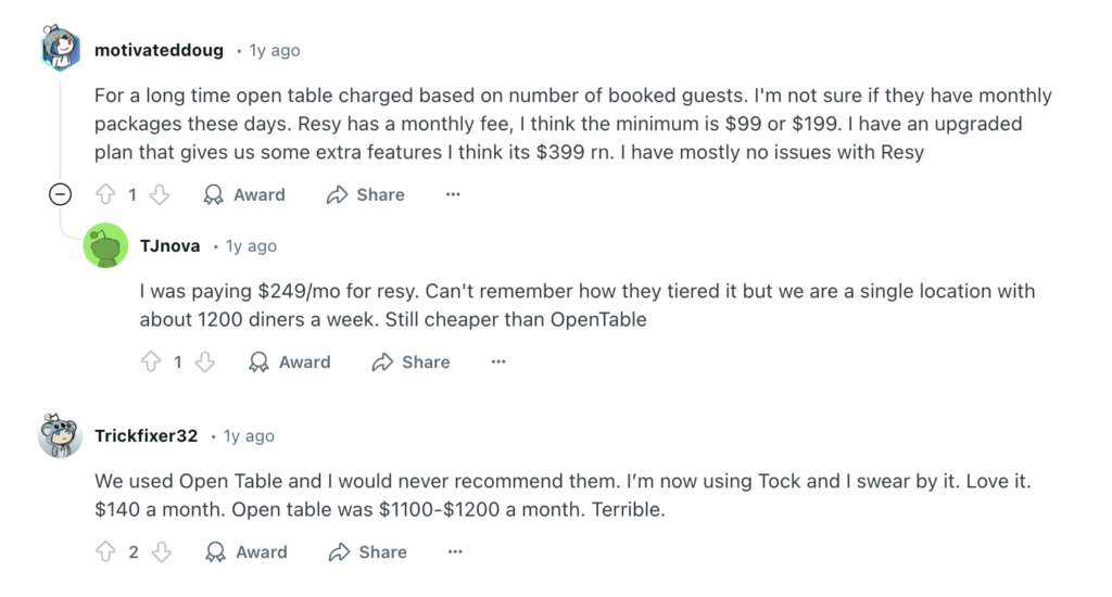Reddit comments on OpenTable Resy and Tock