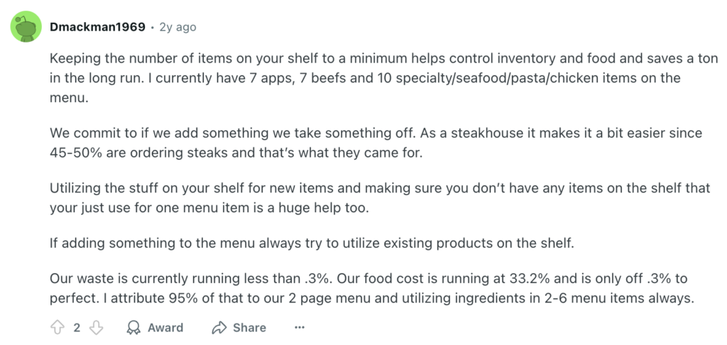 Reddit user — restaurant owner menu advice for better sales